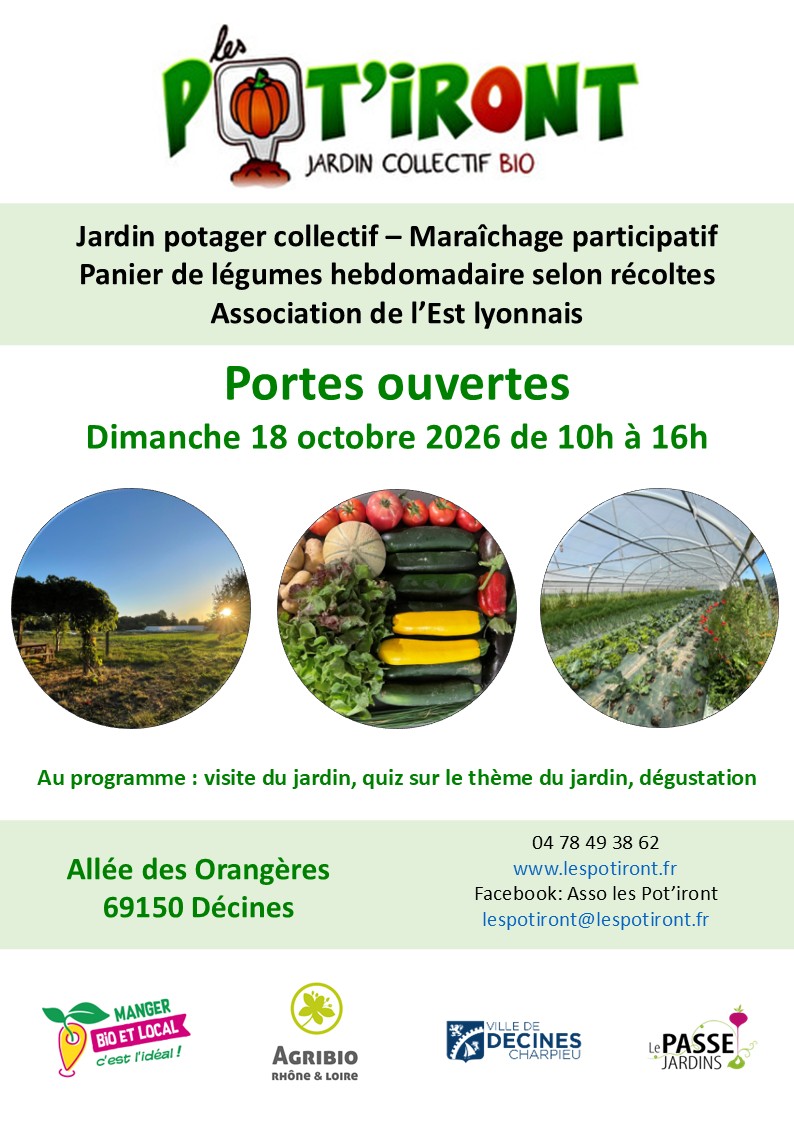 Flyer des portes ouvertes du jardin collectif Les Pot'iront, dimanche 18 octobre 2026 de 10h à 16h