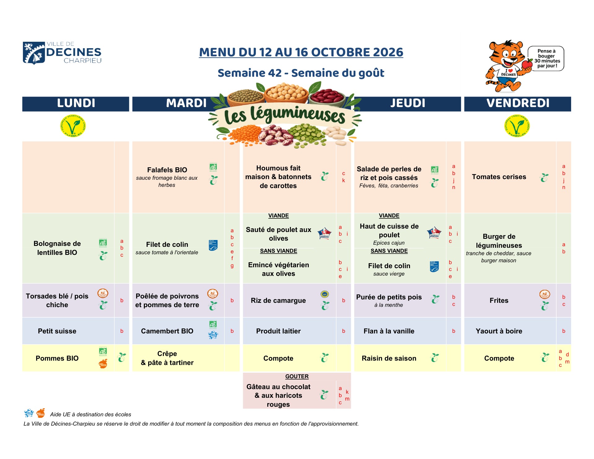 Menu de la restauration scolaire, semaine 42, du 12 au 16 octobre 2026 (mis à jour le 9 octobre)