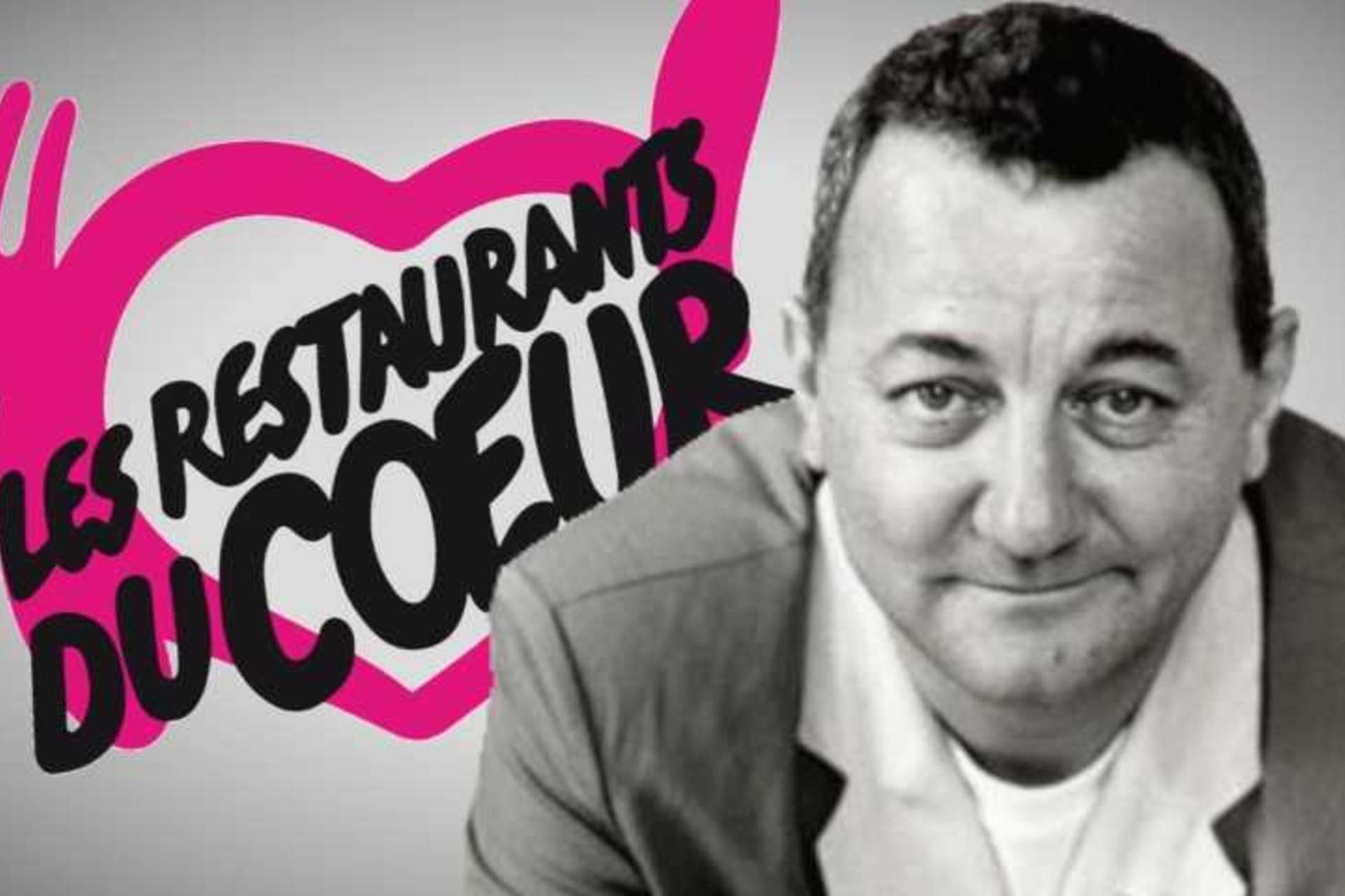 Affiche les restos du coeur avec Coluche en noir et blanc