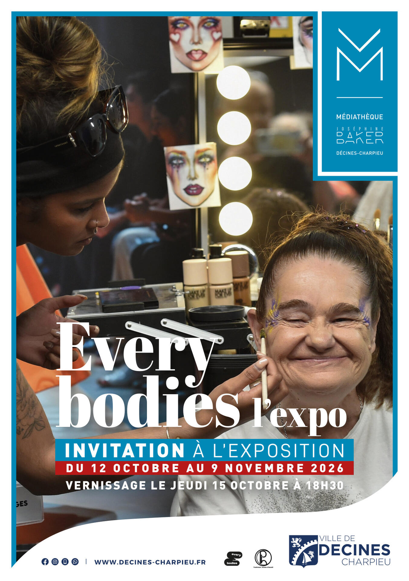 Carton d'invitation de l'exposition Every Bodies, du 12 octobre au 9 novembre 2026 à la médiathèque Joséphine Baker