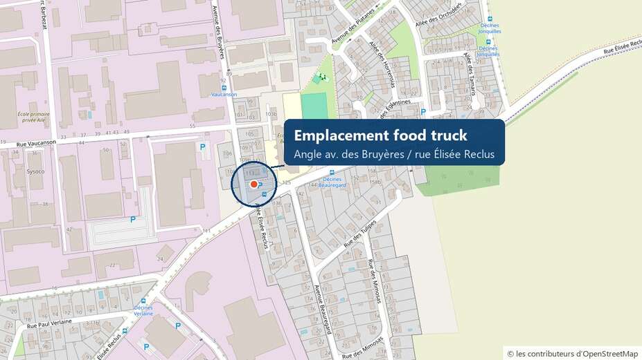 Carte : l’emplacement se trouve sur le parking à l’angle de l’avenue des Bruyères et de la rue Élisée Reclus