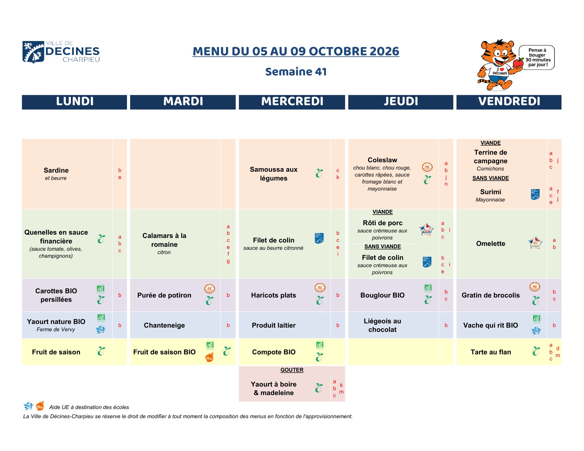 Menu de la restauration scolaire, semaine 41, du 5 au 9 octobre 2026