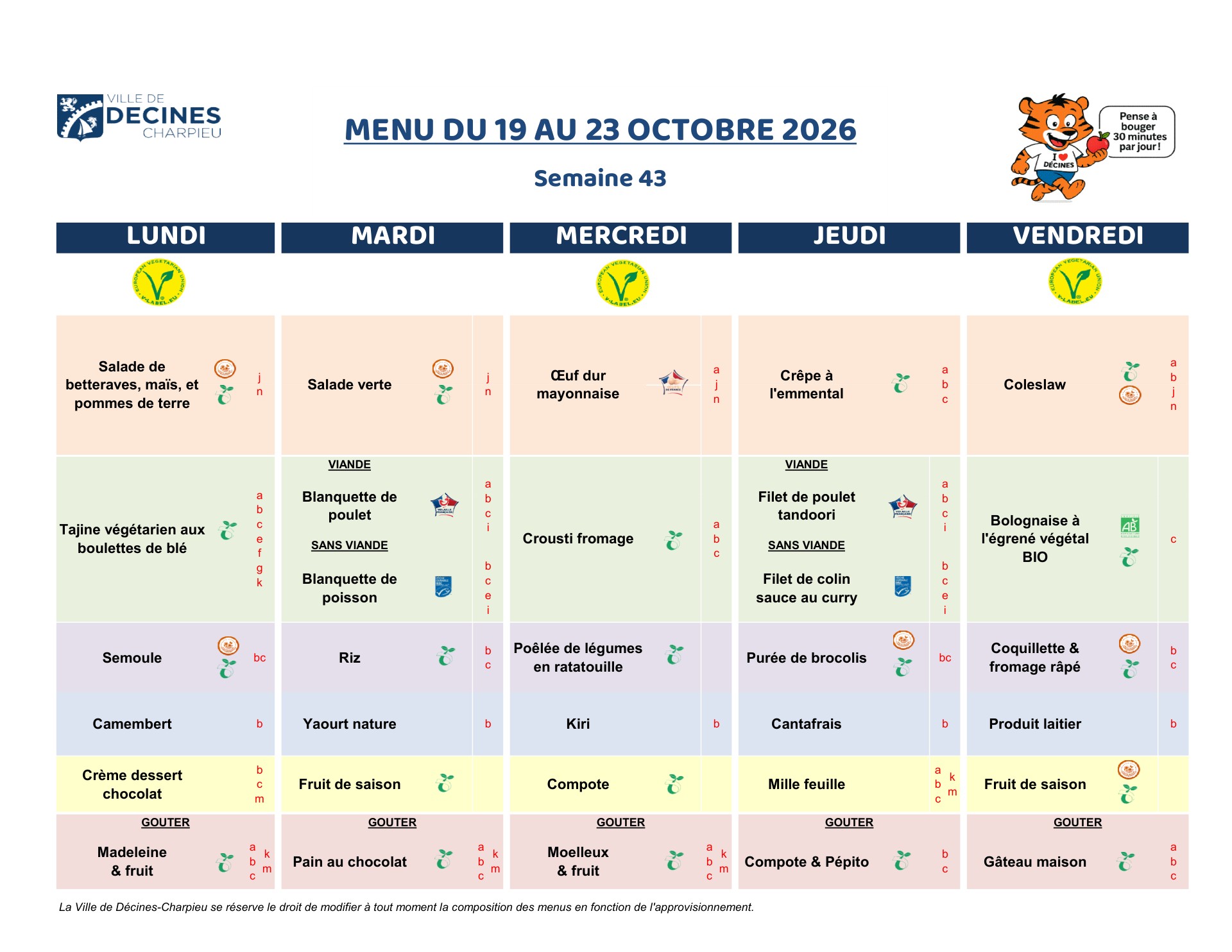 Menu de la restauration scolaire, semaine 43, du 19 au 23 octobre 2026 (vacances scolaires)