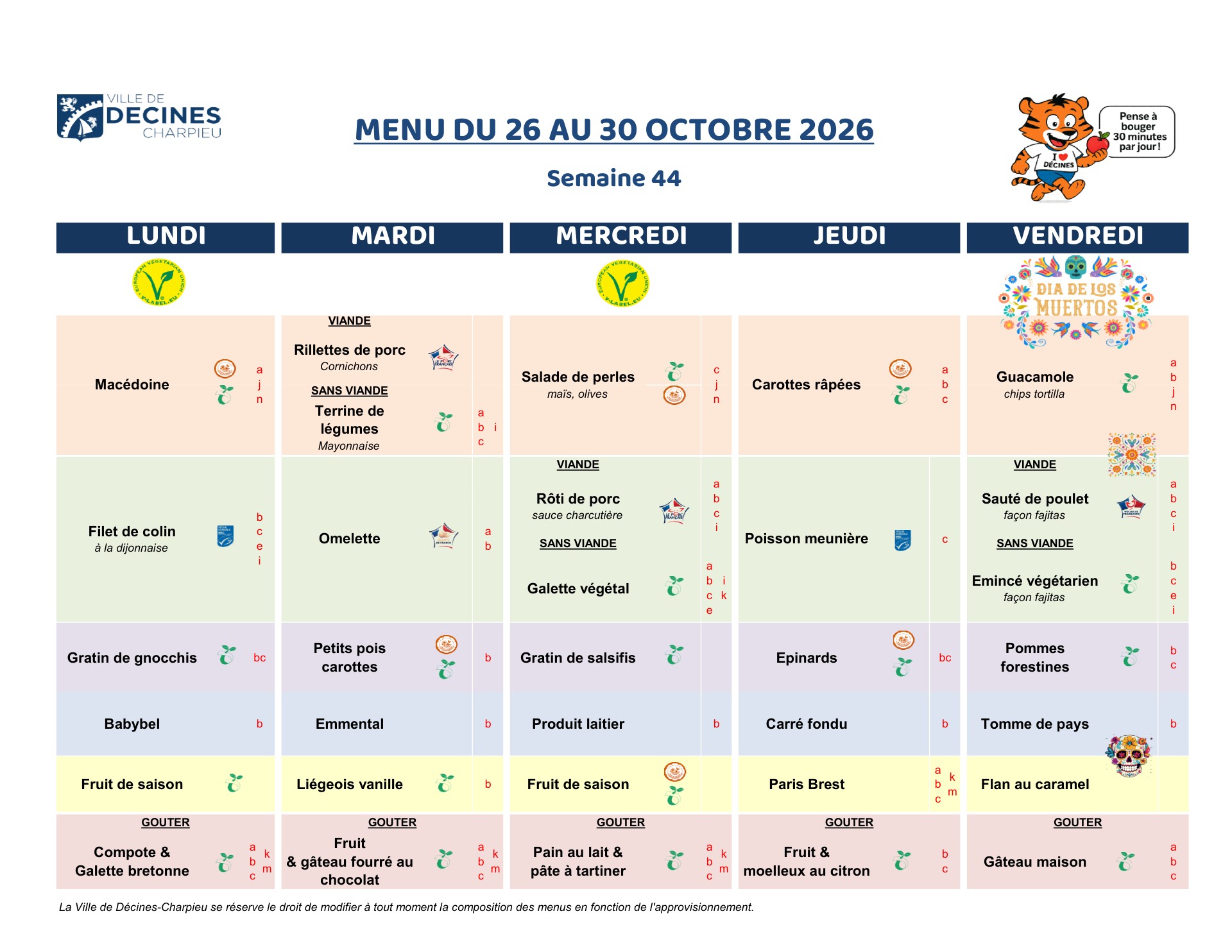 Menu de la restauration scolaire, semaine 44, du 26 au 30 octobre 2026 (vacances scolaires)